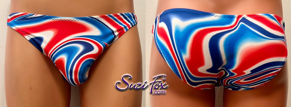 Mens Smooth Front, Wide Strap, Brazilian (3/4 coverage rear) - shown in  LIMITED EDITION red, white & blue swirls, custom made by Suzi Fox