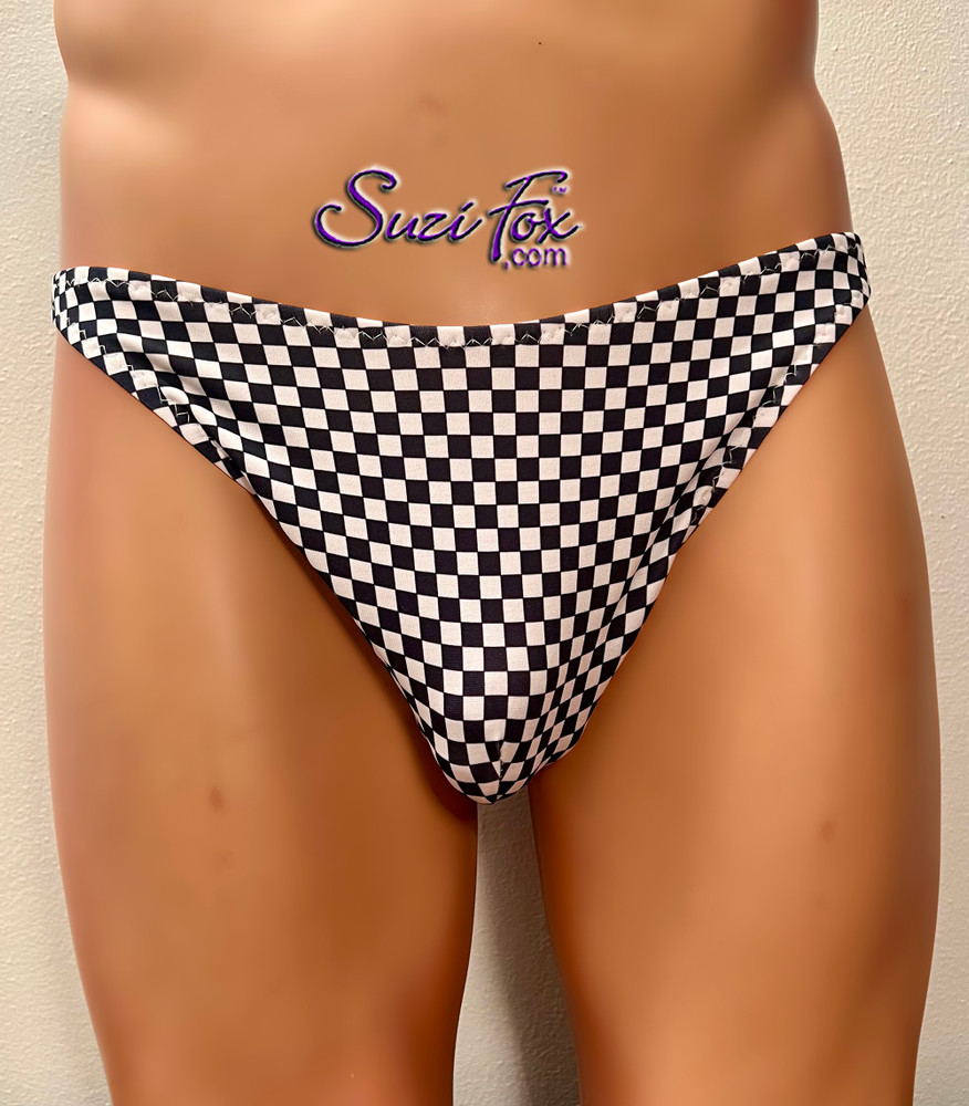 Mens Smooth Front, Wide Strap, T-back Thong- shown in LIMITED EDITION black and white checkered spandex, custom made by Suzi Fox.