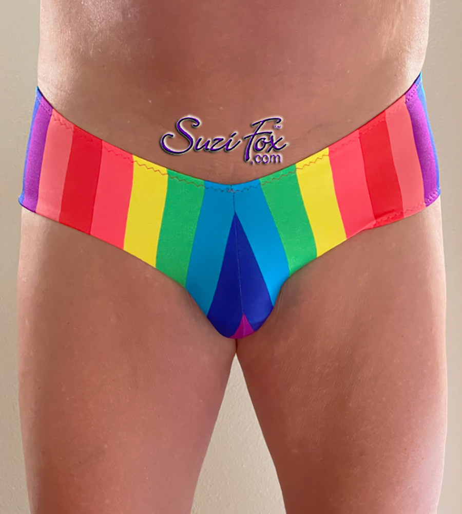 Men's V Pouch Front, Hot Pants shown in Rainbow 1inch wide stripe Polyester