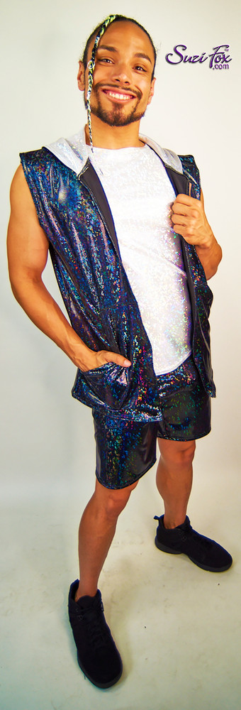 Mens Baggy Shorts For Raves, EDC, and Burning Man Festivals shown in black shattered glass spandex custom made by Suzi Fox.
Shown with optional sleeveless hoodie vest.