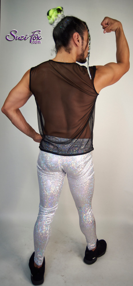 Mens Leggings For Raves, EDC, and Burning Man Festivals shown in silver shattered glass spandex custom made by Suzi Fox.
Mens Muscle T-Shirt shown in black mesh custom made by Suzi Fox.