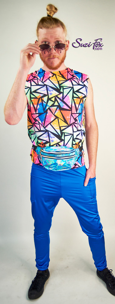 Mens Jogger pants shown in Royal Blue Milliskin Tricot spandex custom made by Suzi Fox.