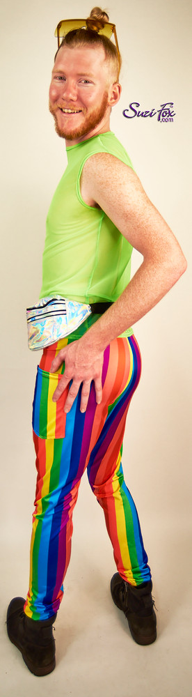 Mens Jogger pants  shown in Rainbow Stripe spandex custom made by Suzi Fox.