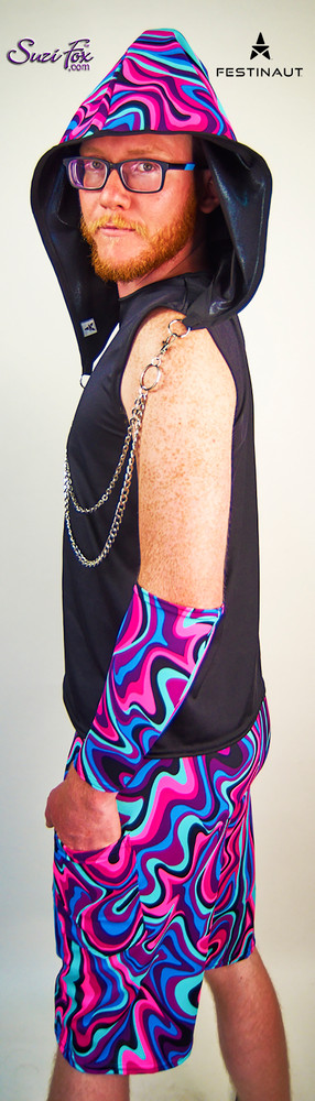 Mens Baggy Shorts For Raves, EDC, and Burning Man Festivals shown in Abstract blue swirls spandex custom made by Suzi Fox.
Shown with Festival Hood in abstract blue swirls by Festinaut offered by Suzi Fox.