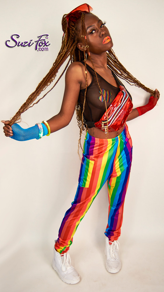 Womens Jogger pants shown in Rainbow stripe spandex custom made by Suzi Fox.