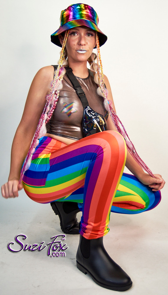 Womens Jogger pants shown in Rainbow stripe spandex custom made by Suzi Fox.