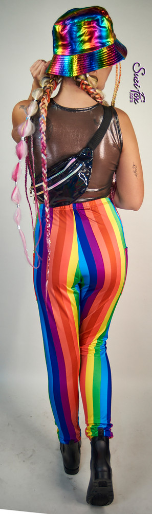 Womens Jogger pants shown in Rainbow stripe spandex custom made by Suzi Fox.