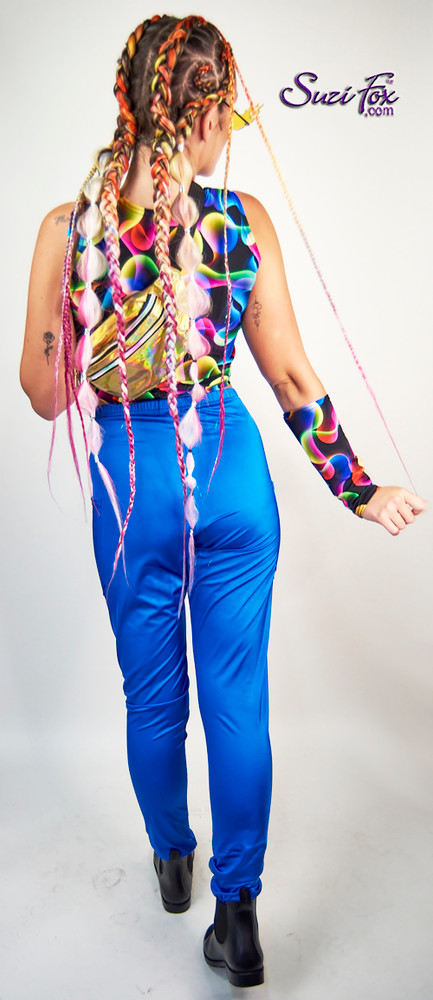 Womens Jogger pants For Raves, EDC, and Burning Man Festivals shown in  Rainbow stripe spandex custom made by Suzi Fox