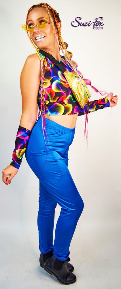 Womens Jogger pants shown in Royal Blue Milliskin Tricot Spandex custom made by Suzi Fox.