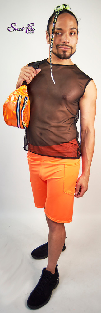 Mens Baggy Shorts shown in Neon Orange Milliskin Tricot Spandex custom made by Suzi Fox