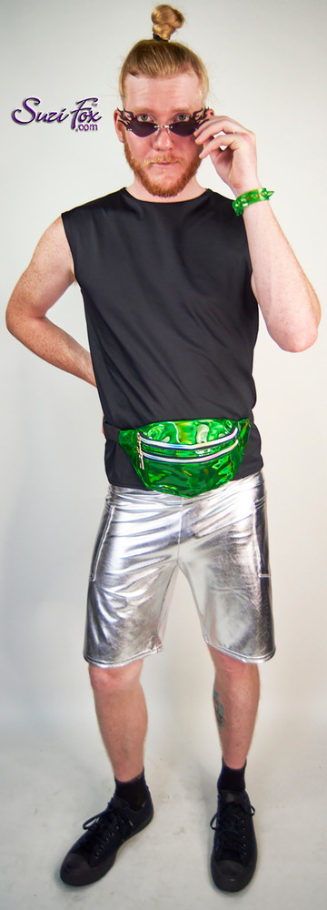 Mens Baggy Shorts  shown in Silver metallic foil coated Spandex custom made by Suzi Fox 
Shown with black milliskin muscle tee shirt by Suzi Fox.