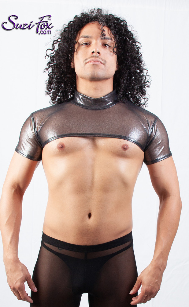 Mens Open Chest Quarter Shirt shown in Black Metallic see through mesh, custom made by Suzi Fox