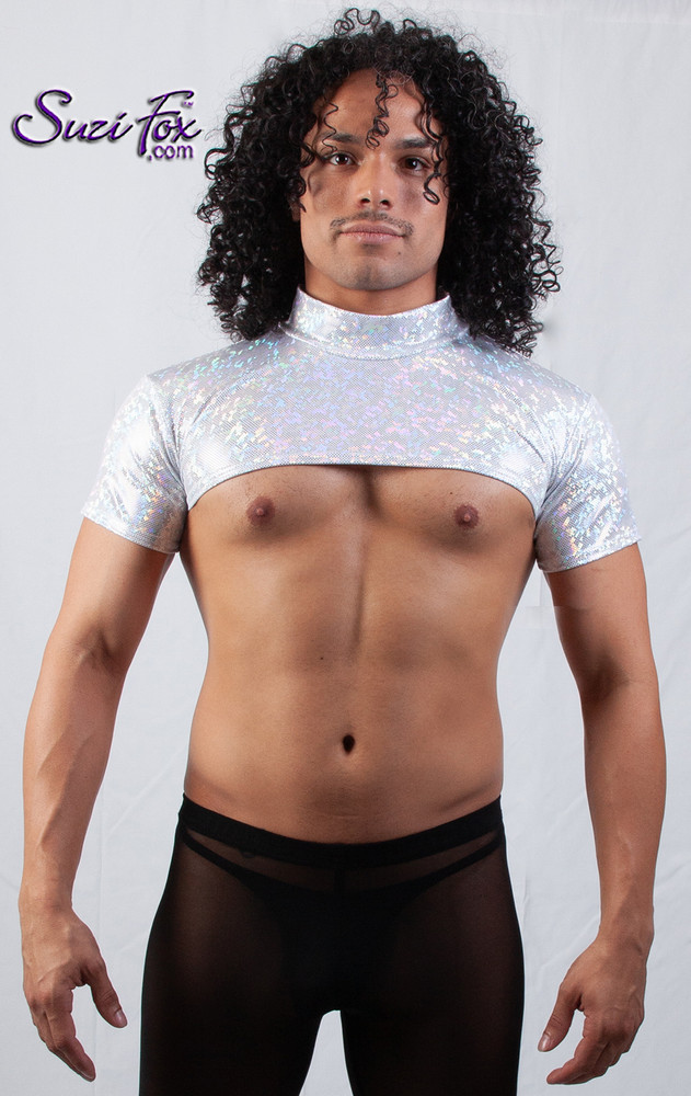 Mens Open Chest Quarter Shirt Shown in Silver Shattered Glass Spandex by Suzi Fox