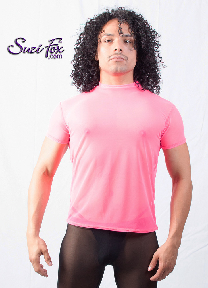 Mens T-Shirt shown in Neon Pink see through mesh, custom made by Suzi Fox