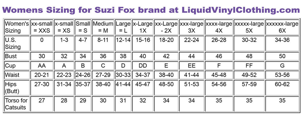 Standard sizing chart.