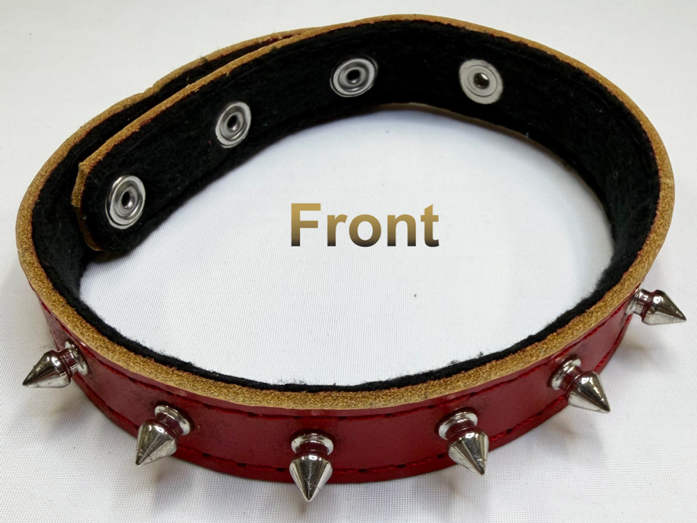 Spike collar, 100% fleece lined leather, adjustable.
Available in the following colors:
• Black
• Red
• White
• Dark Gray
• Green
• Orange
• Purple
• Turquoise
• Yellow