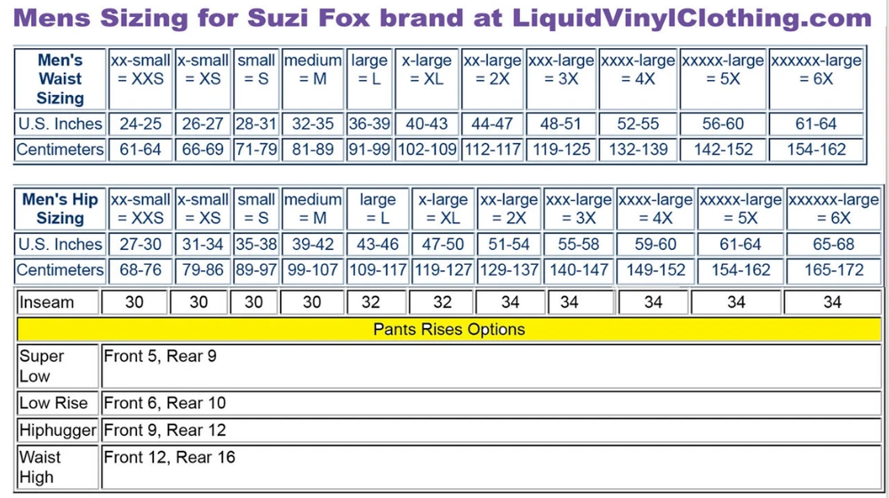 Mens Pants Sizing Chart