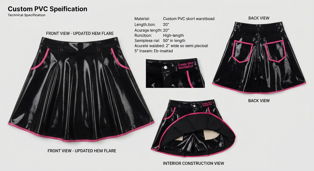 Skorts - Gloss black vinyl Circle skirt with front pockets, with binding, binding around the hem. 2 back patch pockets with binding. Waistband with snap and zipper. Belt Loops,  Shorts attached under skirt. Binding fee later.
