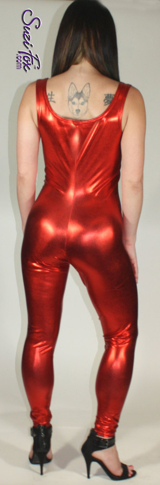 Flat/Smooth Front Catsuit-Bodysuit shown in gloss vinyl/pvc red custom made  by Suzi Fox