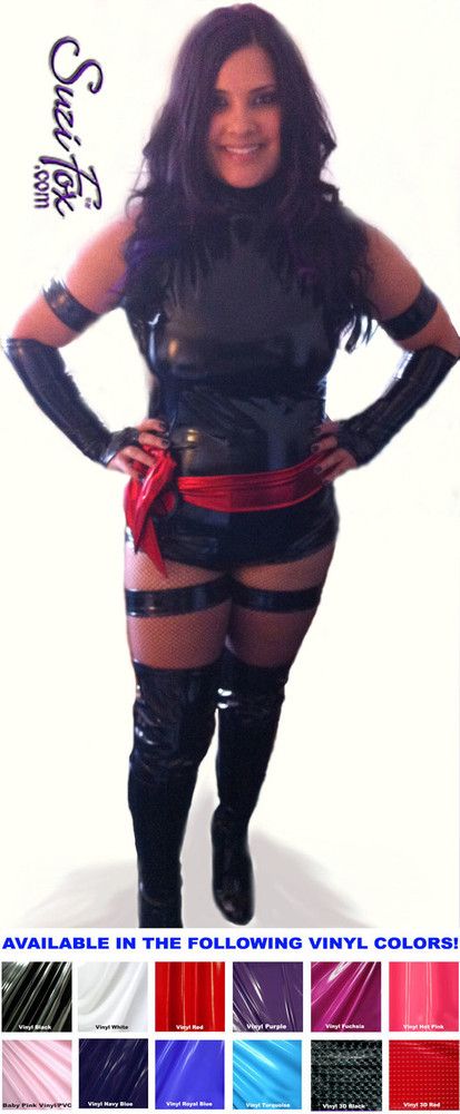 Custom Psylocke Costume shown in gloss Black Vinyl/PVC, custom made by Suzi Fox. 
Costume includes 4 arm bands, 4 leg garters, bird finger gloves, red sash.
• Available in gloss black, white, red, neon pink, light pink, fuchsia, purple, royal blue, navy blue, turquoise; matte (no shine) black, matte (no shine) white. This fabric is a 4-way stretch, vinyl/PVC coated spandex.
• Plus size available.
• Your choice of rears - French legs (Rio), or Cheeky.
• Made in the U.S.A.