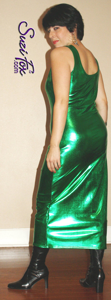 Tank Maxi Dress in Green Metallic Foil coated Spandex by Suzi Fox.
Choose any fabric on this site! Custom made to your measurements.
Available in black metallic faux leather/rubber, gold, silver, copper, royal blue, purple, turquoise, red, green, fuchsia, gun metal metallic foil coated nylon spandex.
Made in the U.S.A.