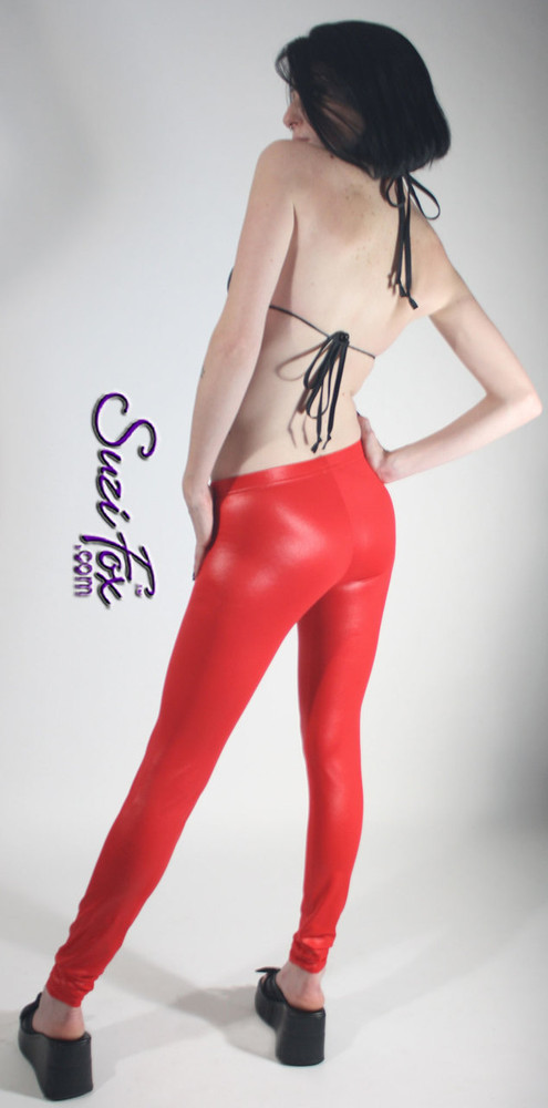 Womens Leggings shown in Red Wet Look Lycra Spandex, custom made by Suzi  Fox, shown with black waistband as seen in the play RENT.