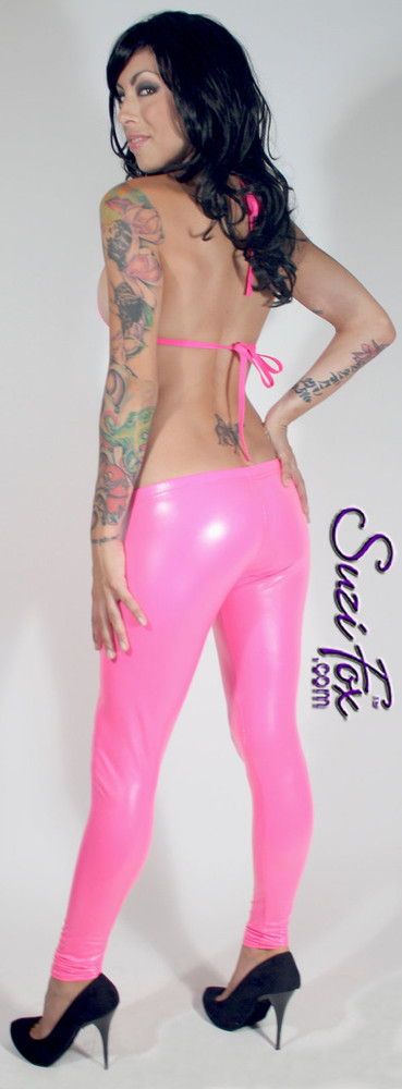 Womens Leggings shown in Neon Pink Gloss vinyl/PVC, custom made by Suzi Fox.
