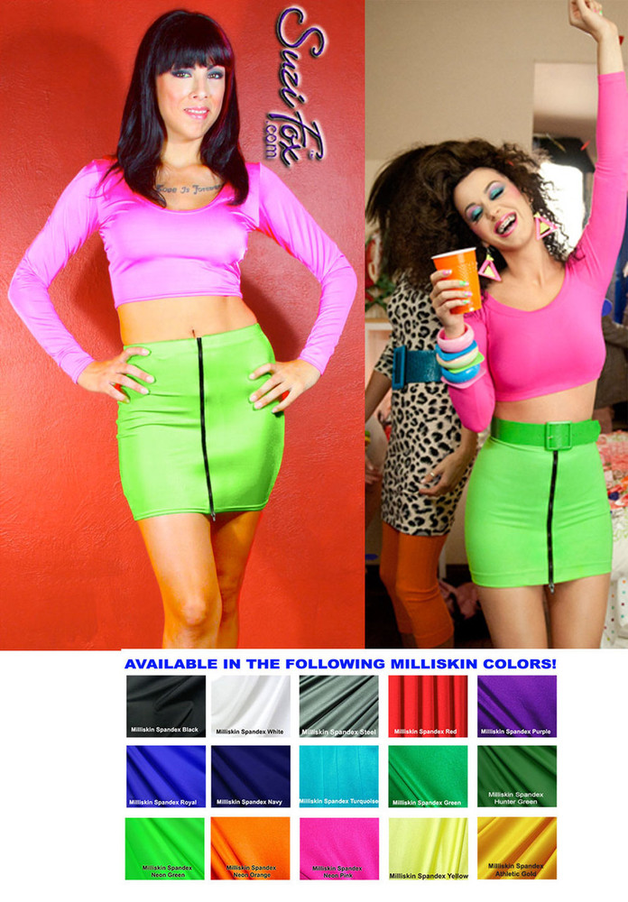 Scoop neck, long sleeve top shown in Neon Pink Shiny Milliskin Tricot Spandex by Suzi Fox. Like Katy Perry wore in T.G.I.F. video.
Custom made to your measurements!
Available in black, white, red, royal blue, sky blue, turquoise, purple, green, neon green, hunter green, neon pink, neon orange, athletic gold, lemon yellow, steel gray Miilliskin Tricot spandex, and any fabric on this site.
• Optional wrist zippers if you choose long sleeves.
Made in the U.S.A.