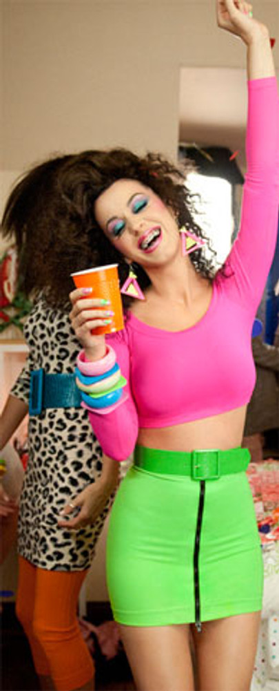 Front Zipper Skirt shown in Neon Green Shiny Milliskin Tricot Spandex by Suzi Fox. Patterned after Katy Perry's character, Kathy Beth Terry in "Last Friday Night" (T.G.I.F.).