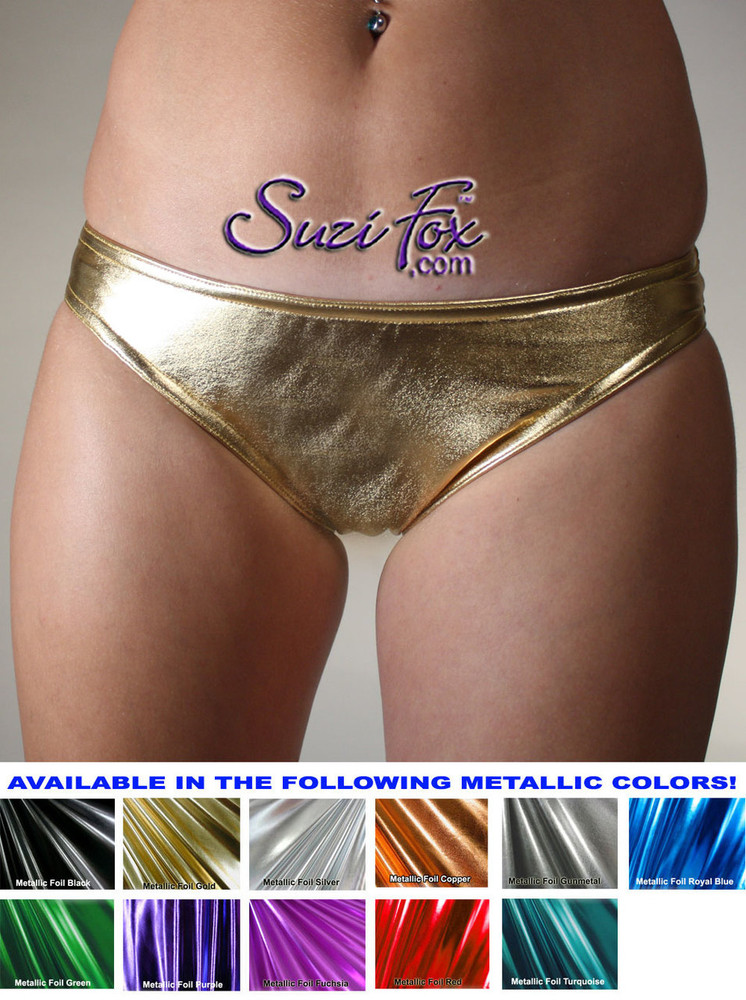 Womens Side Tie, Micro G-string thong bikini bottom shown in Turquoise  Metallic Foil Spandex, custom made by Suzi Fox.