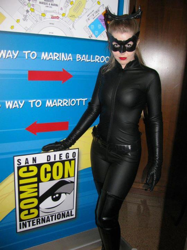 Custom DKR (Dark Knight Rises) Catwoman Catsuit Costume by Suzi Fox shown  in Black matte (no shine) Vinyl/PVC coated Nylon Spandex.