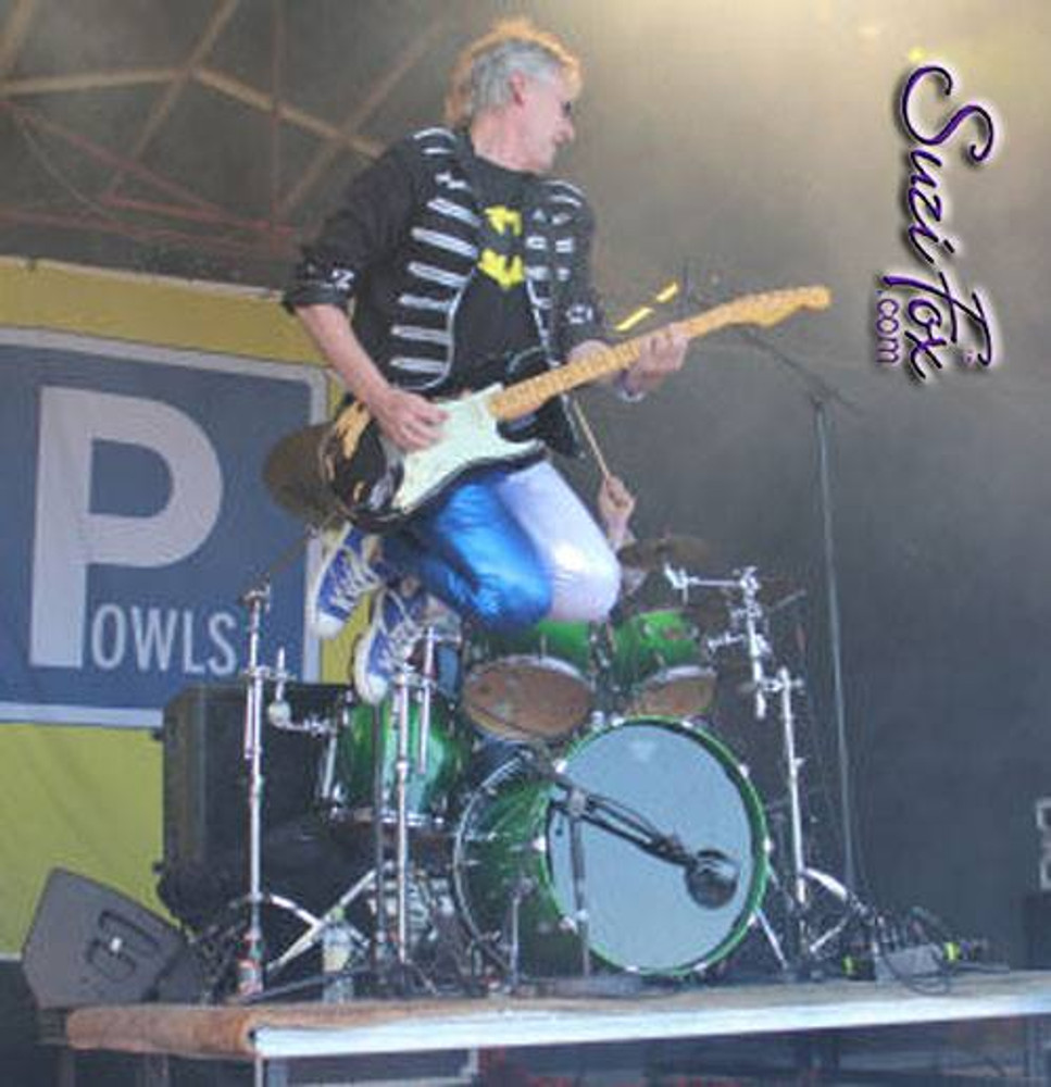 Steen Nielsen in the band The Powl in Denmark, wearing Suzi Fox two-tone pants in blue and silver metallic mystique.