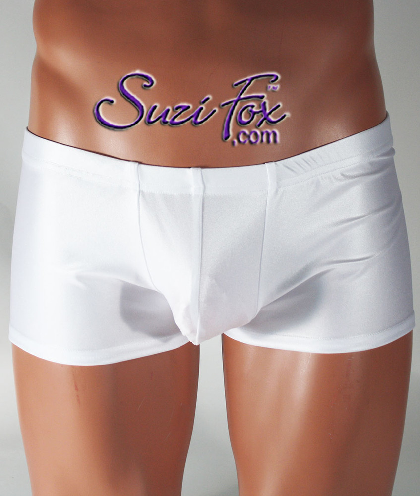 Pouch Front shorts shown in White Wetlook Lycra Spandex, custom made by Suzi Fox.
Custom made to your measurements! Choose your pouch size.
• Wear them as shorts, swimwear, or underwear.
• Available in any fabric on this site.
• 1 inch no-roll elastic at the waist.
• Optional belt loops.
• Optional rear patch pockets.
• Your choice of inseam. 2 inch inseam shown.
Made in the U.S.A.