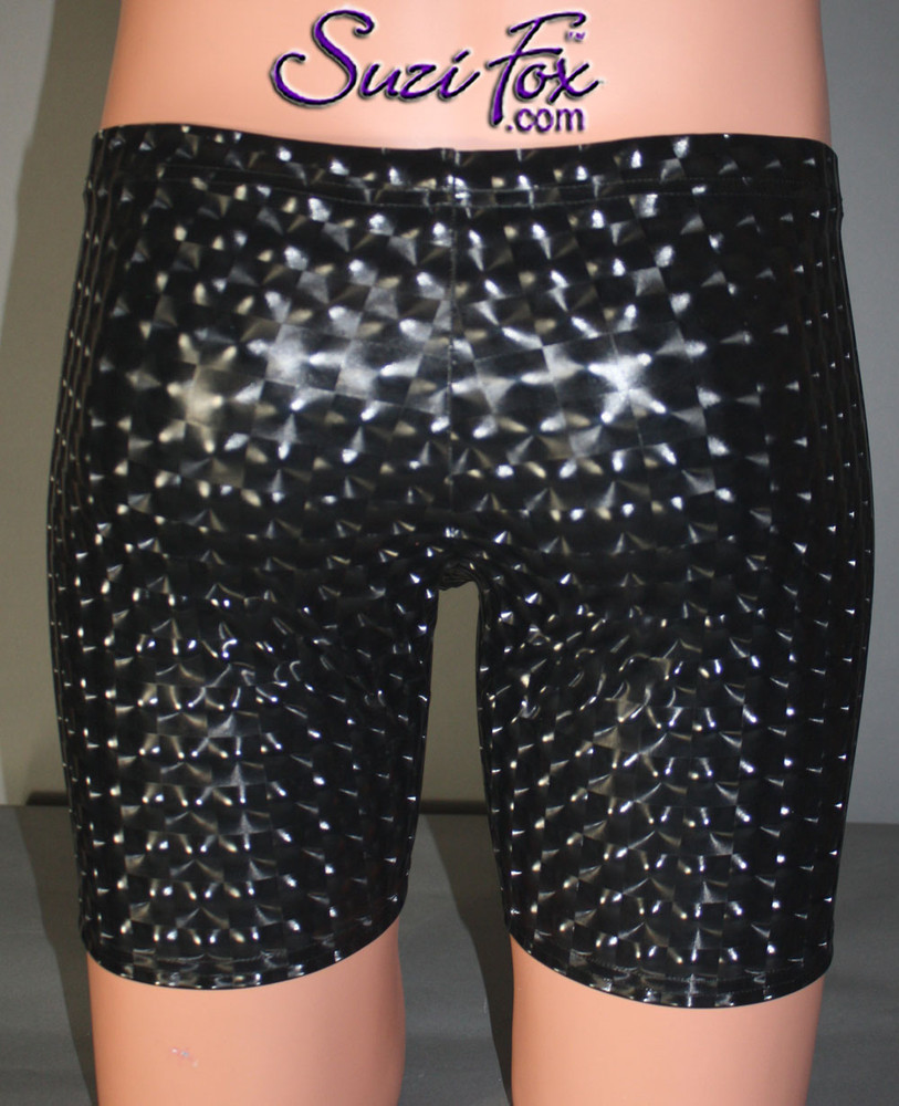 Mens Smooth Front Bike Length shorts shown in Black 3D Prism Vinyl/PVC Spandex, custom made by Suzi Fox.
Custom made to your measurements!
• Available in black 3D Prism, red 3D Prism, Turquoise 3D Prism, Baby Blue 3D Prism, Hot Pink 3D Prism, gloss black, white, red, navy blue, royal blue, turquoise, purple, Neon Pink, fuchsia, light pink, matte black (no shine), matte white (no shine), and any fabric on this site.
• 1 inch no-roll elastic at the waist.
• Optional belt loops.
• Optional rear patch pockets.
• Your choice of inseam and rise. 9 inch inseam is standard.
• Made in the U.S.A.