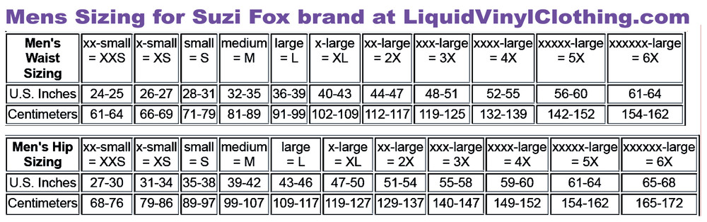 Mens Standard sizing chart for pants and shorts