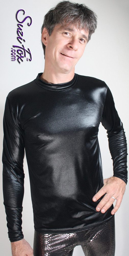 Men's Tee Shirt shown in Black Wetlook Lycra Spandex, custom made by Suzi Fox.
• Available in black, white, red, turquoise, navy blue, royal blue, hot pink, lime green, green, yellow, steel gray, neon orange Wet Look, and any fabric on this site.
• Choose your sleeve length. Long sleeve shown.
• Give us your measurements for a custom fit!
• Standard length is 24 inches (61 cm) for sizes XXXS-Medium; 27 inches (68.6 cm) for sizes Large and up.
• Optional add extra length to the shirt.
• Made in the U.S.A.