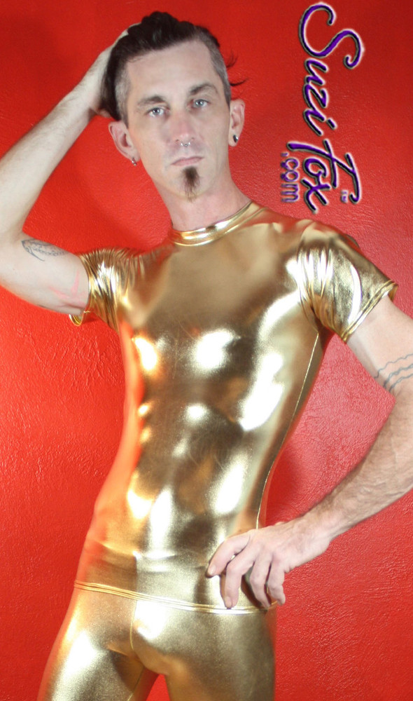 Mens Tee Shirt shown in Gold Metallic Foil Spandex, custom made by Suzi Fox.
• Available in gold, silver, copper, gunmetal, turquoise, Royal blue, red, green, purple, fuchsia, black faux leather/rubber Metallic Foil, and any fabric on this site.
• Choose your sleeve length.
• Give us your measurements for a custom fit!
• Standard length is 24 inches (61 cm) for sizes XXXS-Medium; 27 inches (68.6 cm) for sizes Large and up.
• Optional add extra length to the shirt.
• Made in the U.S.A.