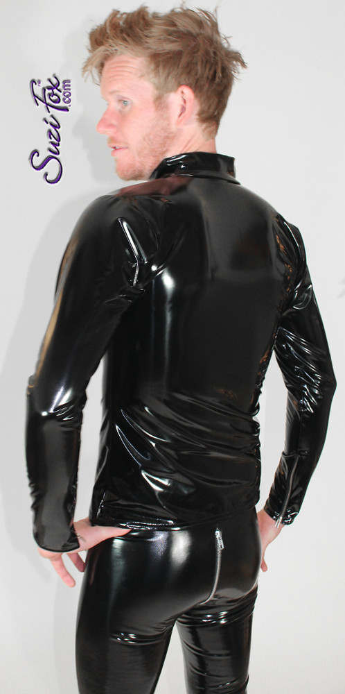 Mens Custom Jacket  in Gloss Black Vinyl/PVC Spandex, custom made by Suzi Fox.
Custom made to your measurements! 
• Choose any fabric on this site, including vinyl/PVC, metallic foil, metallic mystique, wetlook lycra Spandex, Milliskin Tricot Spandex. The vinyl/PVC is a latex alternative, great for people allergic to latex!
• Plus size available.
• Optional wrist zippers.
• Worldwide shipping.
• Made in the U.S.A.