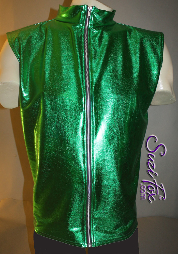 Mens Sleeveless, Front zipper Vest shown in Green Metallic Foil