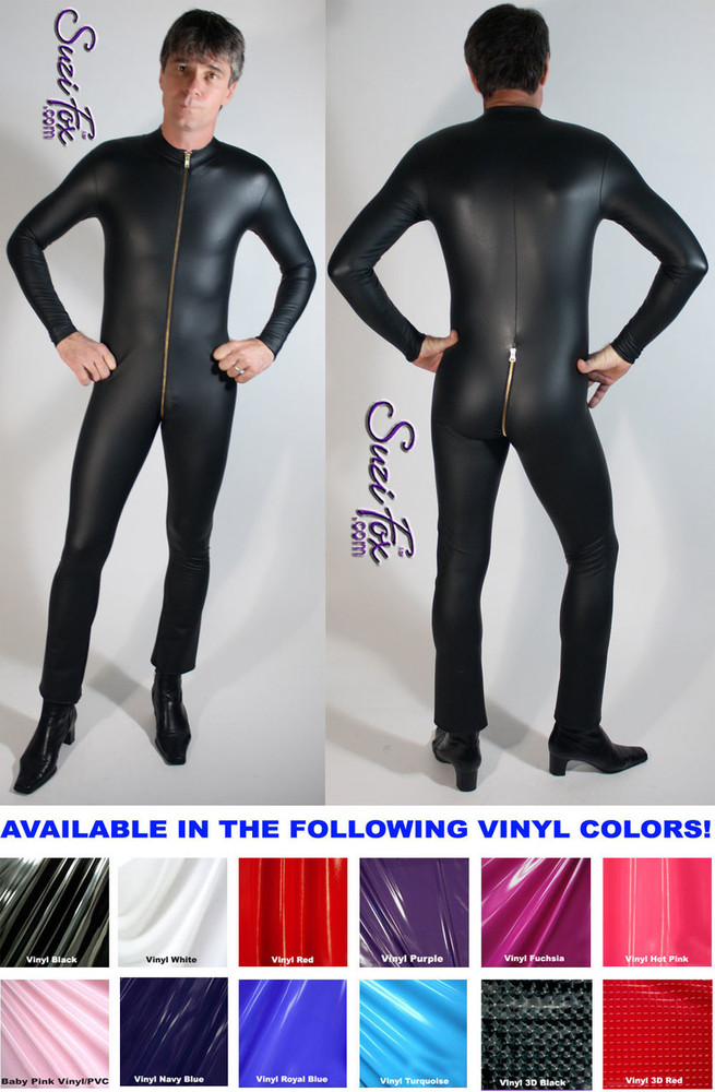 Mens Catsuit with optional crotch zipper shown in faux leather matte  vinyl/pvc by Suzi Fox