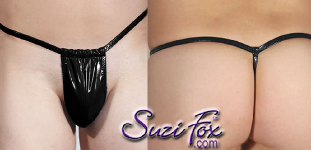 Men's Adjustable Pouch G-String thong - shown in Gloss Black Vinyl/PVC  Spandex, custom made by Suzi Fox.