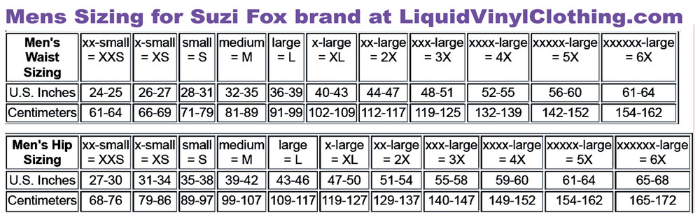 Standard sizing chart
