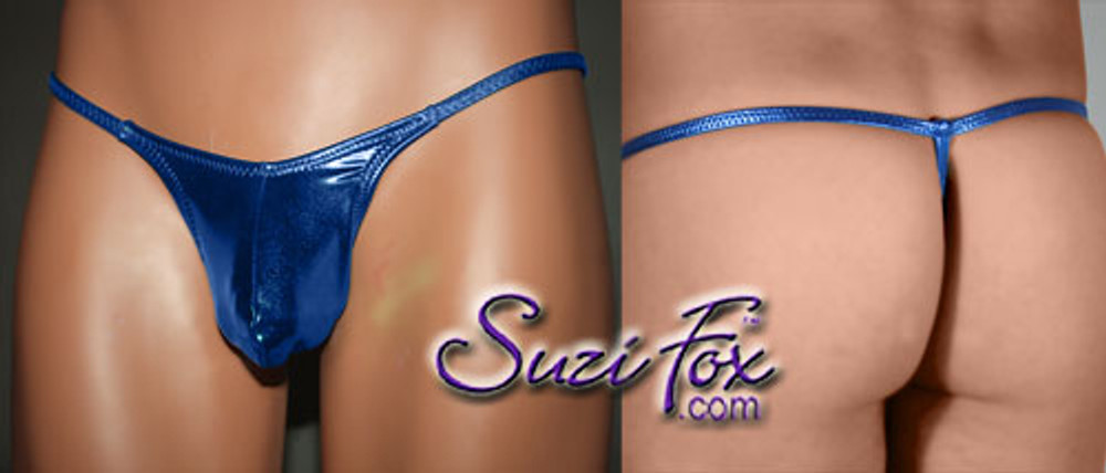 Men's Pouch Front, G-String thong - shown in Royal Blue Metallic Foil  Spandex, custom made by Suzi Fox.