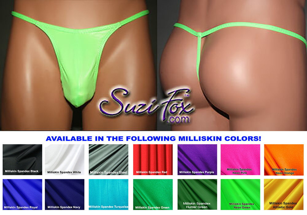 Men's Pouch, G-String thong, shown in Lime Green Wet Look Lycra Spandex,  custom made by Suzi Fox.