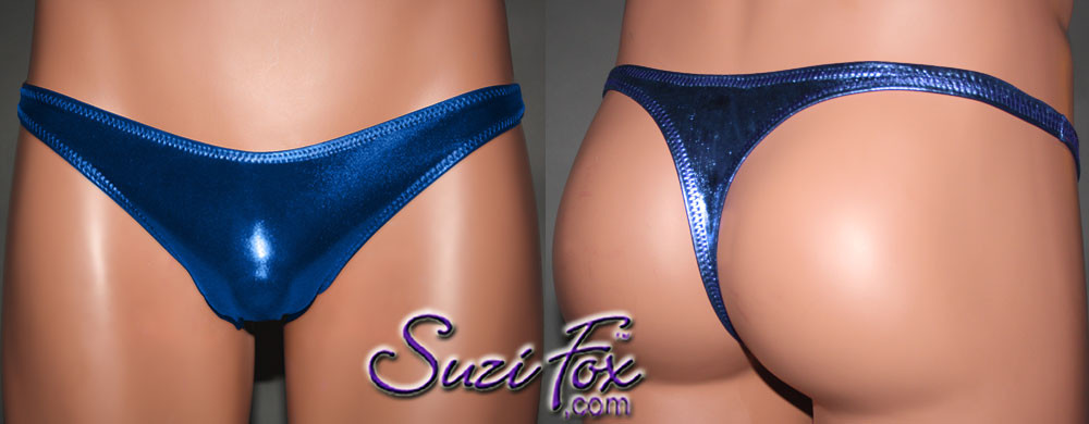 Mens Smooth Front T Back Thong Shown In Royal Blue Metallic Foil Spandex Custom Made By 6719