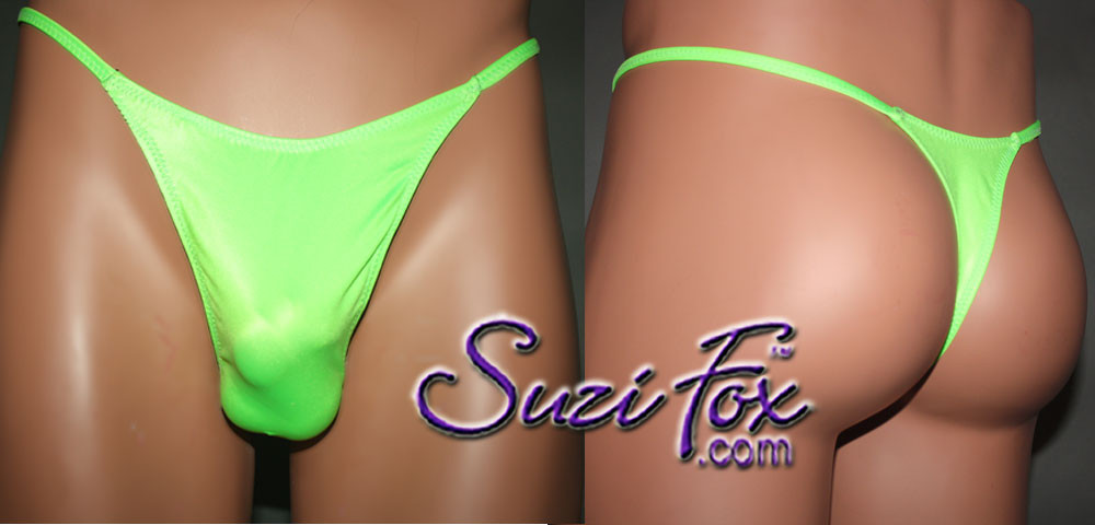 Mens Smooth Front, Skinny Strap, T-Back thong - shown in Lime Green Wetlook  Lycra Spandex, custom made by Suzi Fox.