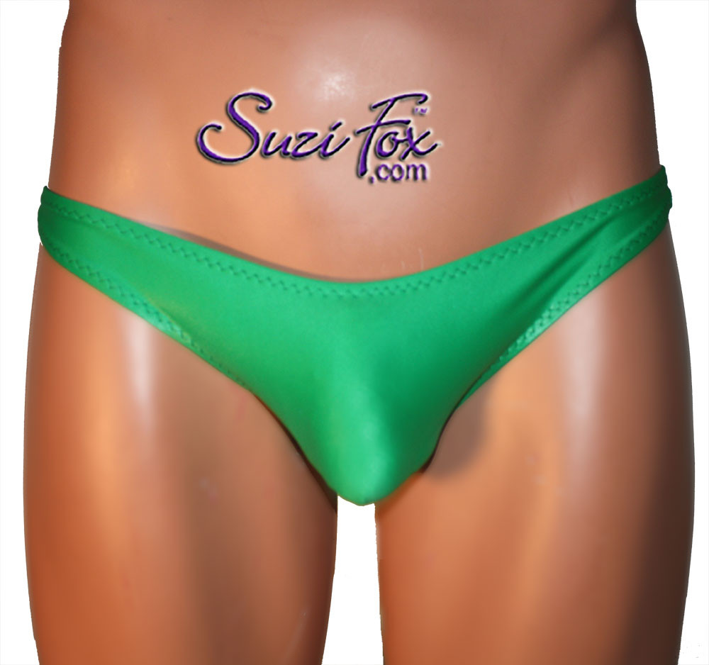 Mens Smooth Front Wide Strap T Back Thong Shown In Green Wetlook Lycra Spandex Custom Made 0341