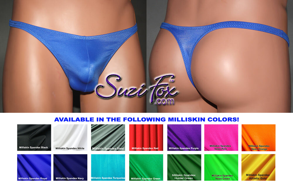 Mens Pouch Front, Wide Strap, T-Back thong - shown in Royal Blue Milliskin Tricot Spandex, custom made by Suzi Fox.
• Standard front height is 6 inches (15.24 cm).
• Available in 4, 5, 6, 7, 8, 9, and 10 inch front heights.
• Wear it as swimwear OR underwear!
• Made in the U.S.A.