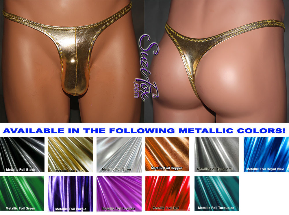 Mens One Piece T-back Thong Swim Suit shown in Royal Blue Metallic foil  Spandex, custom made by Suzi Fox.