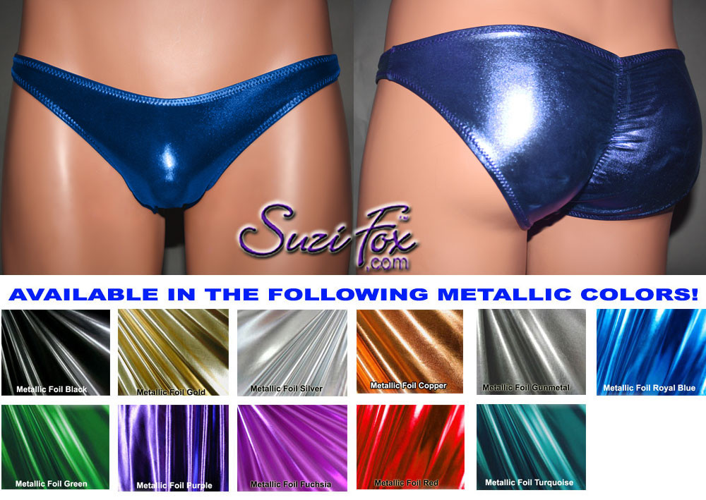 Mens Smooth Front, Wide Strap, Gathered rear, Brazilian Bikini - shown in Royal Blue Metallic Foil Spandex, custom made by Suzi Fox.
• Available in gold, silver, copper, gunmetal, turquoise, Royal blue, red, green, purple, fuchsia, black faux leather/rubber Metallic Foil or any fabric on this site.
• Standard front height is 6 inches (15.24 cm) tall.
• Available in 3, 4, 5, 6, 7, 8, 9, and 10 inch front heights.
• Wear it as swimwear OR underwear!
• Made in the U.S.A.